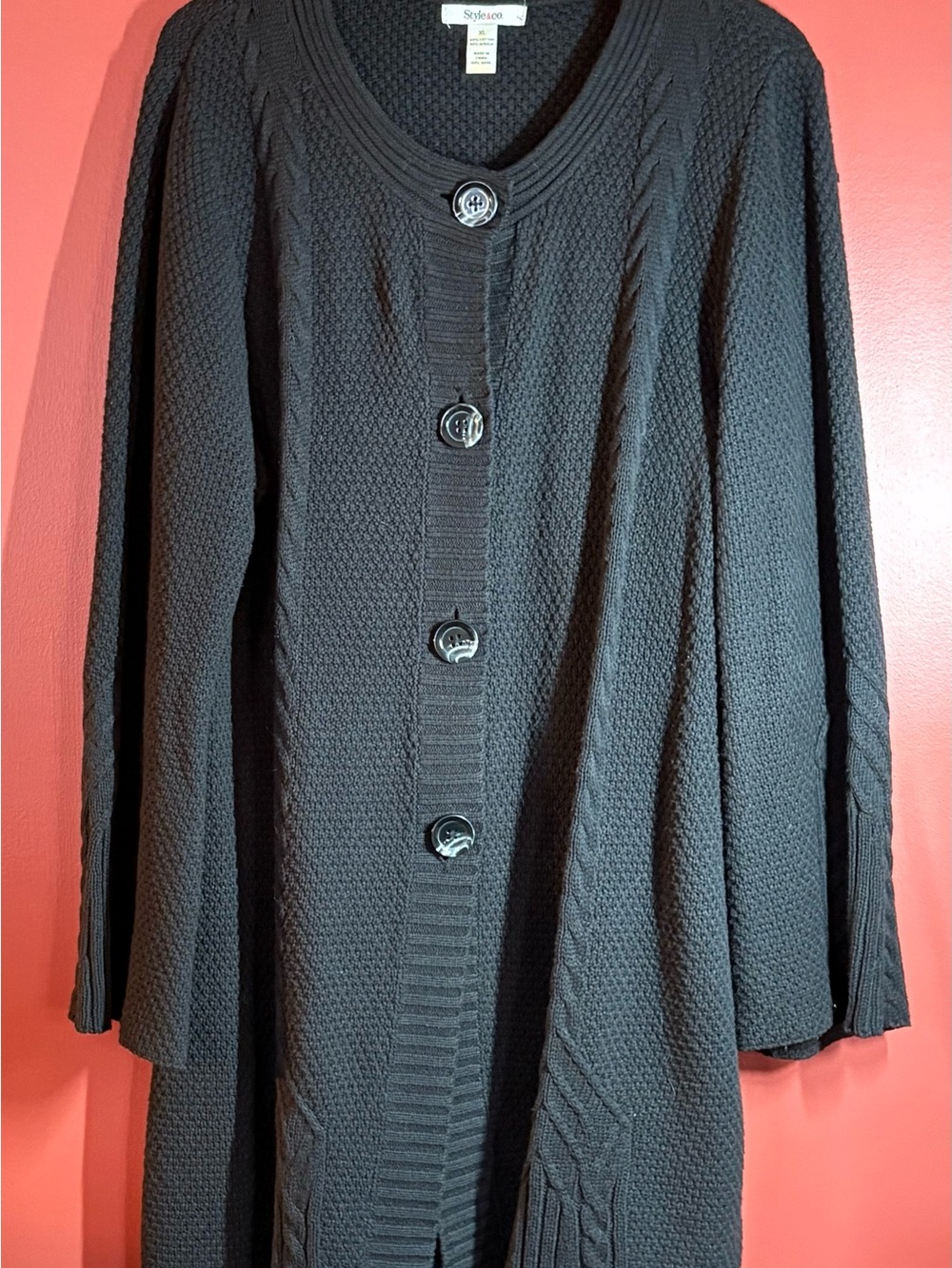 Style & Co. Black Textured Long Button Cardigan